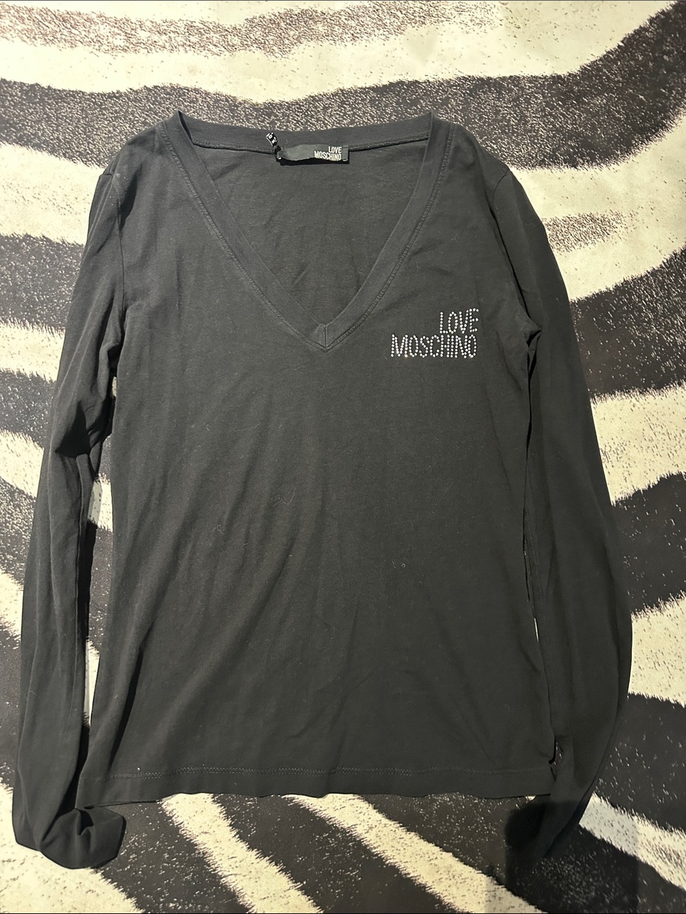 Love Moschino Black V-Neck Long Sleeve Tee with Rhinestone Logo